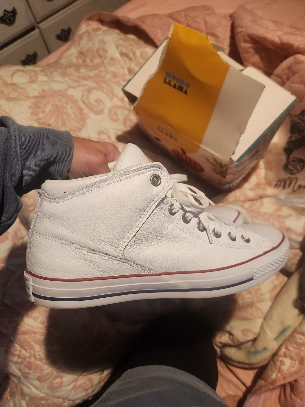 Converse White High-Top Sneakers with Red and Blue Stripe Accents